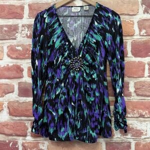 ECI New York Top Women's S Multicolor Boho Abstract Beaded Casual Career Shirt